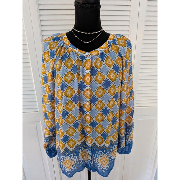 Ann Taylor Factory Blouse Womens L Blue Yellow Tile Floral Boho Hippie Top Tunic - Picture 1 of 12